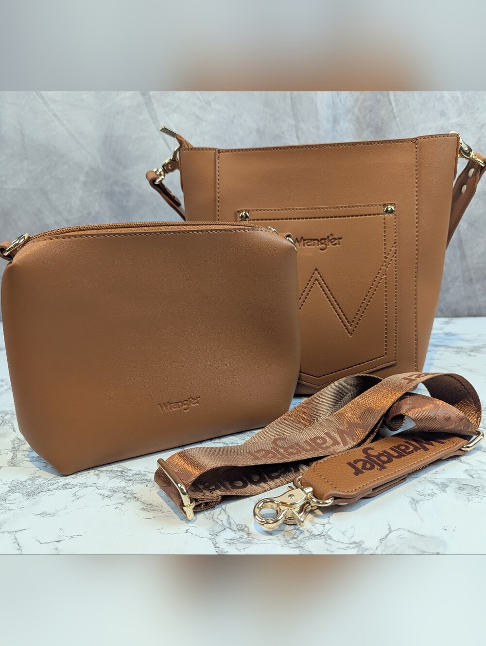 Wrangler Western Vegan Leather Crossbody Bucket Bag Tan Brown W/ Pouch & Strap